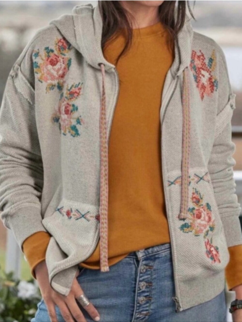 Sundance Catalog Annabeth Light Gray Floral Zip-Up Hoodie NWOT Size XL